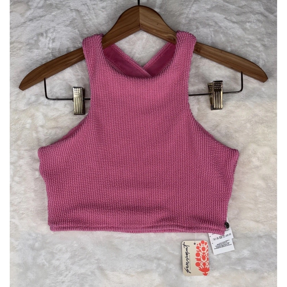 Free Movement Rhythm XS Pink High Neck Textured Knit Crop Top Tank Cross Back
